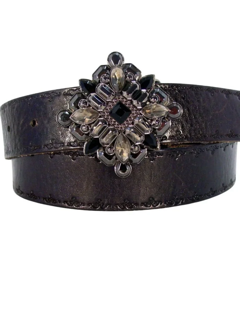 FOSSIL Tooled Leather Belt Black/Gunmetal/Smoky Crystal Buckle Women's M - Picture 2 of 7